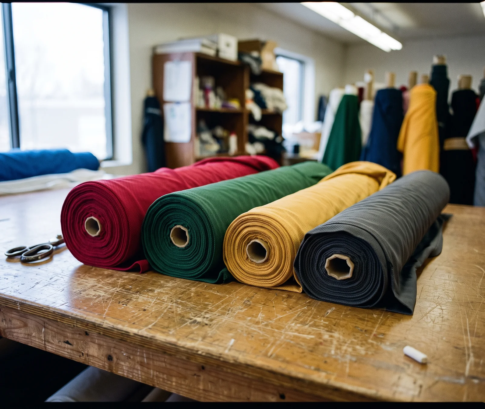 Rolls in different weights, at least four distinct colors visible, staged before cutting