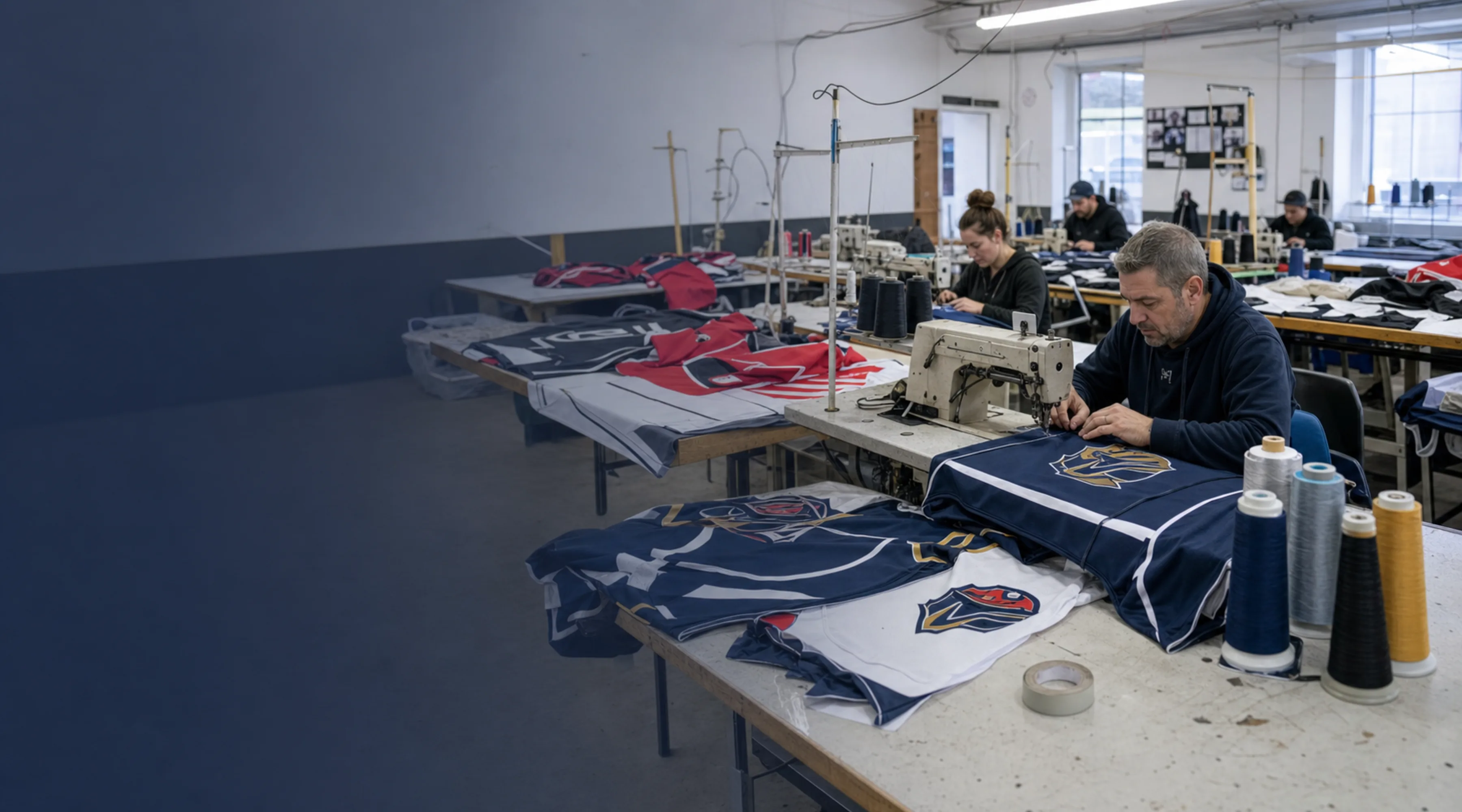 Wide view of a working sportswear production floor with several sewing stations in operation and stacked cut panels