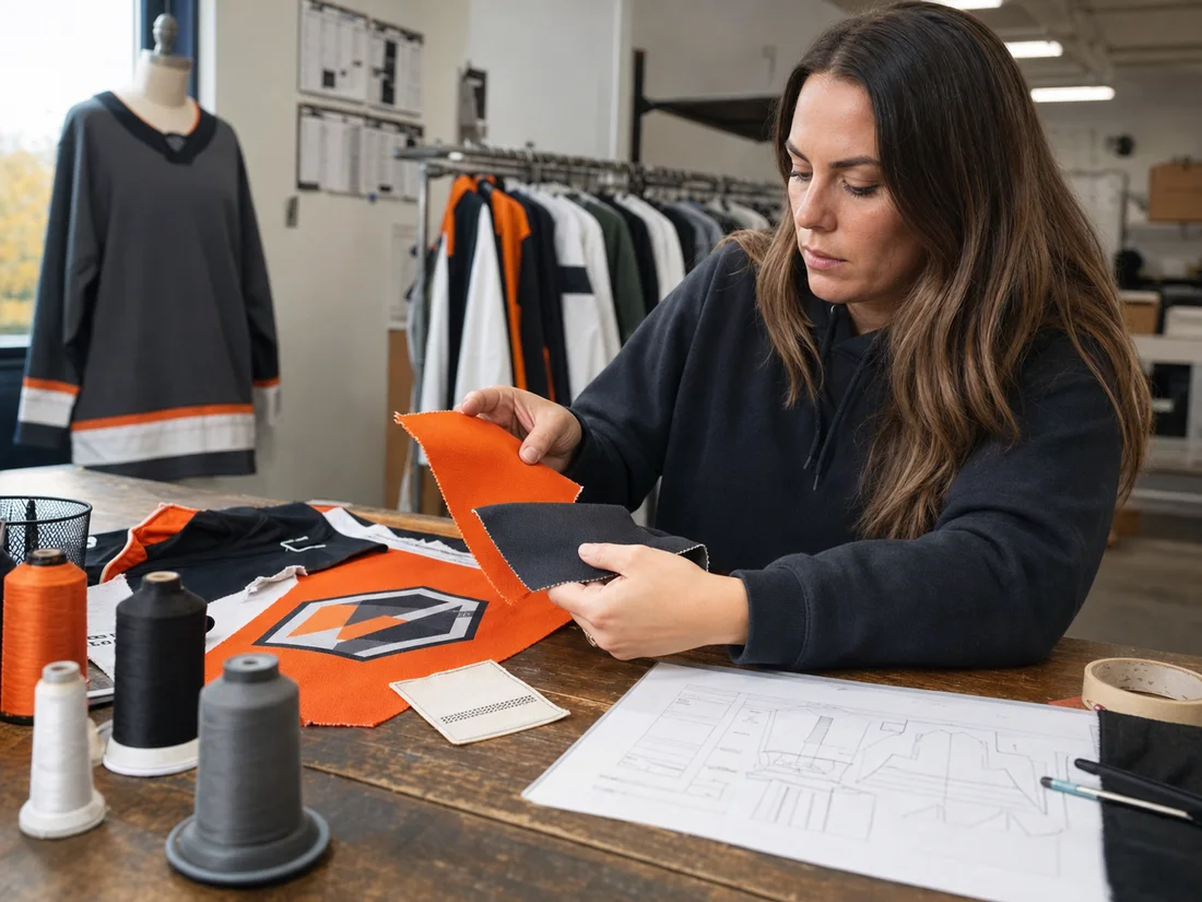 A brand buyer's desk with orange and charcoal fabric swatches, a label sample, and a spec sheet