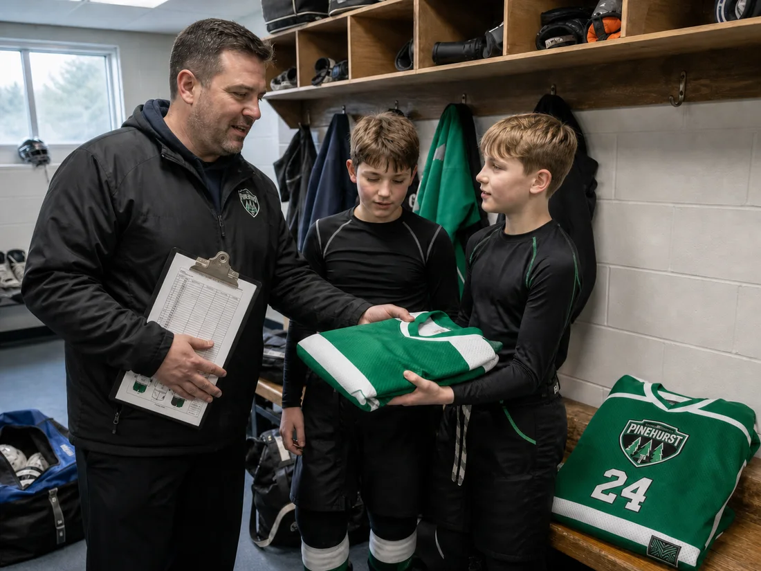 A team equipment coordinator's clipboard beside a folded kelly green and white jersey with an invented crest and number