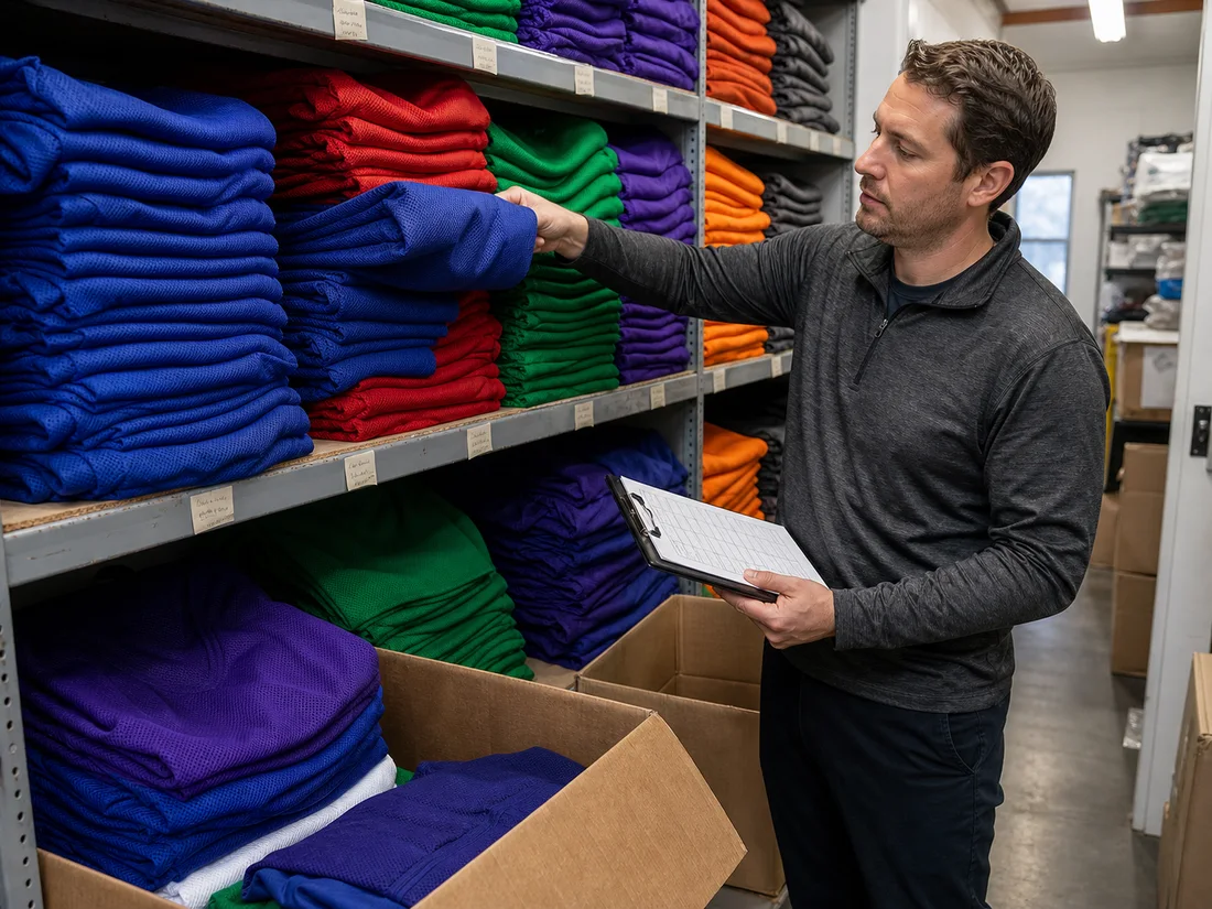 Distributor buyer pulling blank hockey jerseys from a color-sorted stockroom shelf