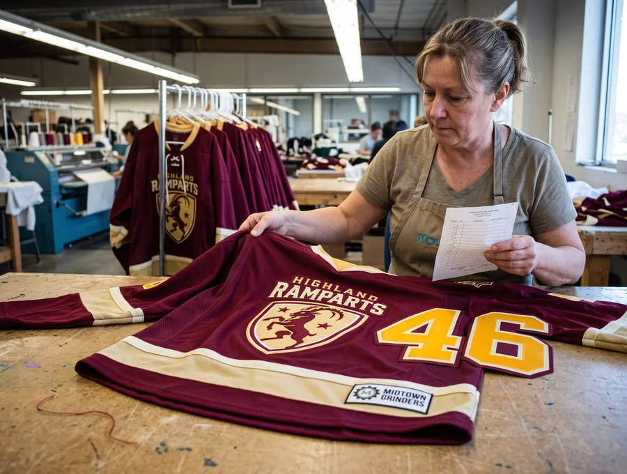 A maroon and gold finished piece with an invented club crest and number being checked before the batch closes