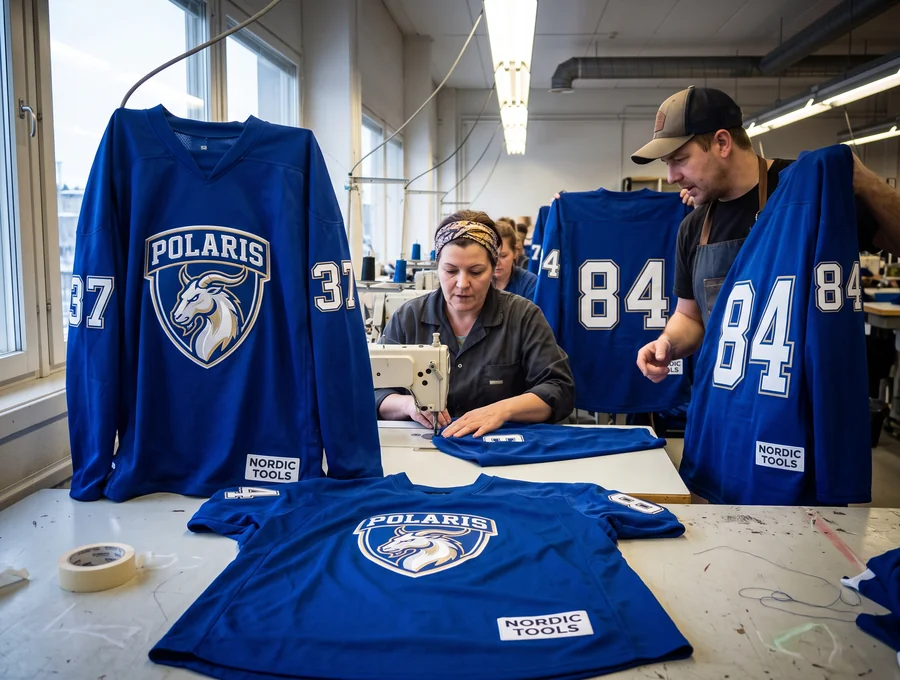 Bulk production of royal blue garments with a matching invented crest and numbers running against the approved sample