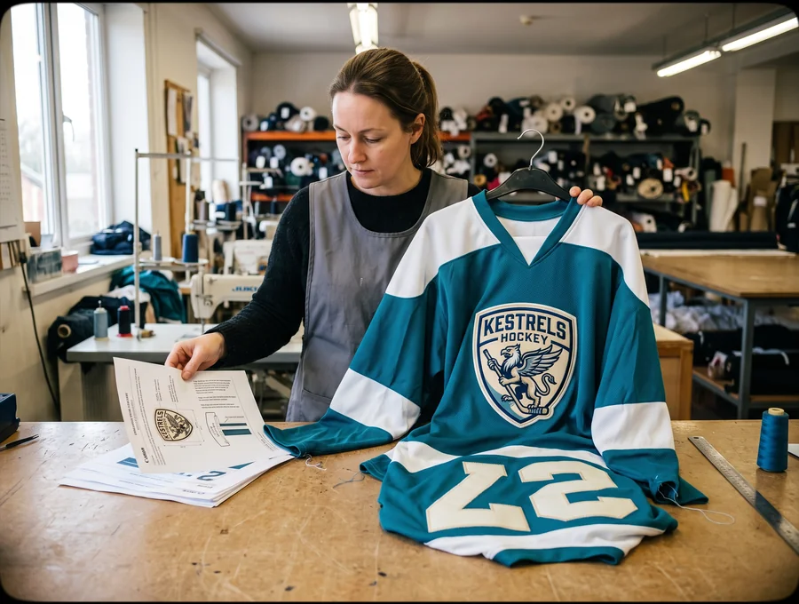 A teal and white first sample with an invented club crest and number being checked against the approved specification