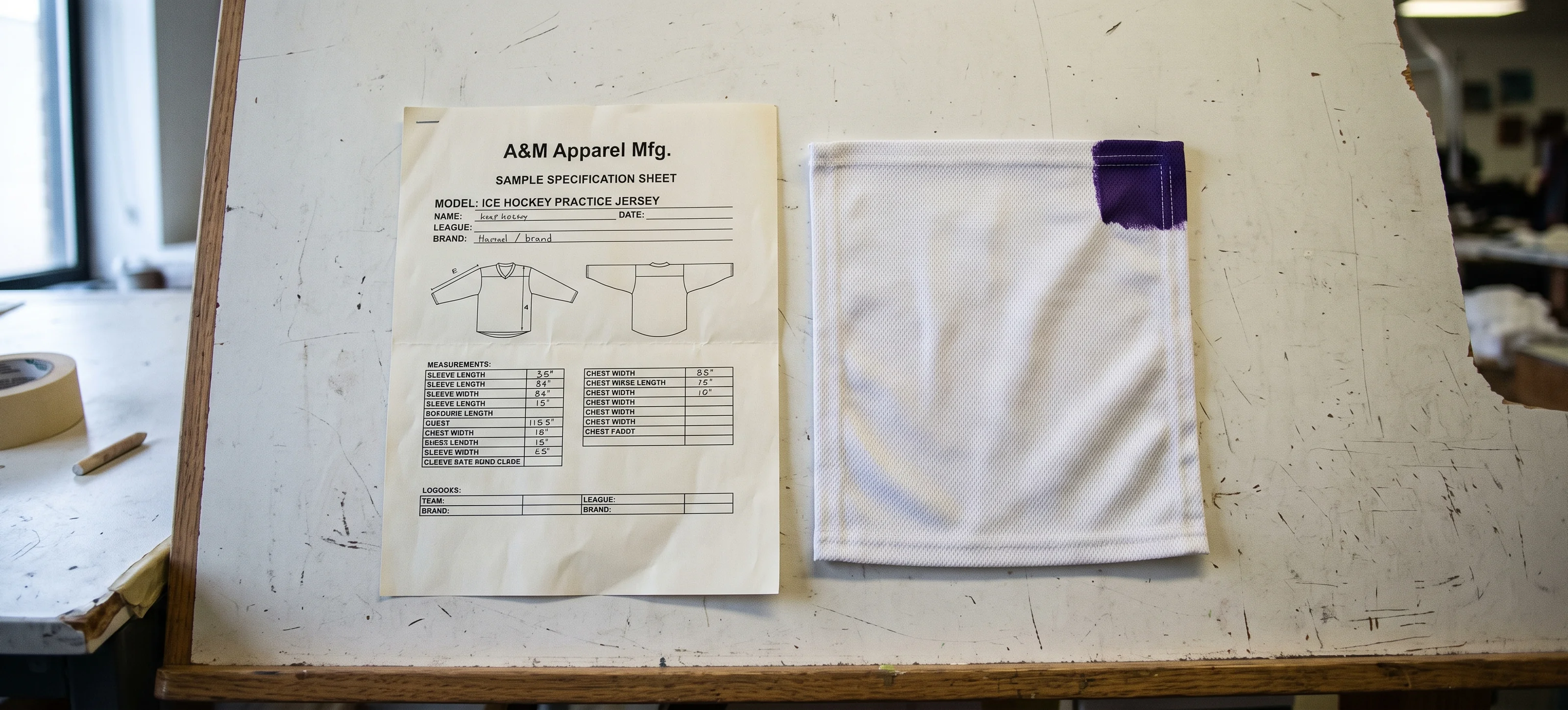 A specification document and an approved sample tag with a purple accent corner, side by side on a plain surface