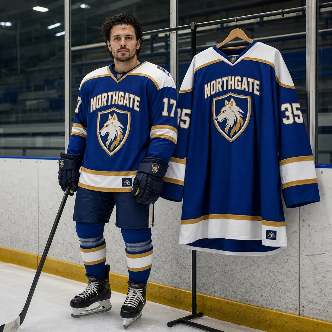 Ice hockey player at the boards wearing a royal blue player-cut jersey with club crest and sleeve numbers