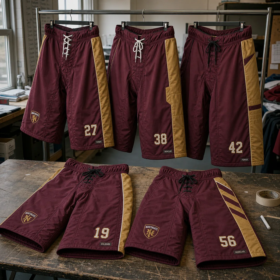 Multiple hockey pant-shell styles displayed in a sample room