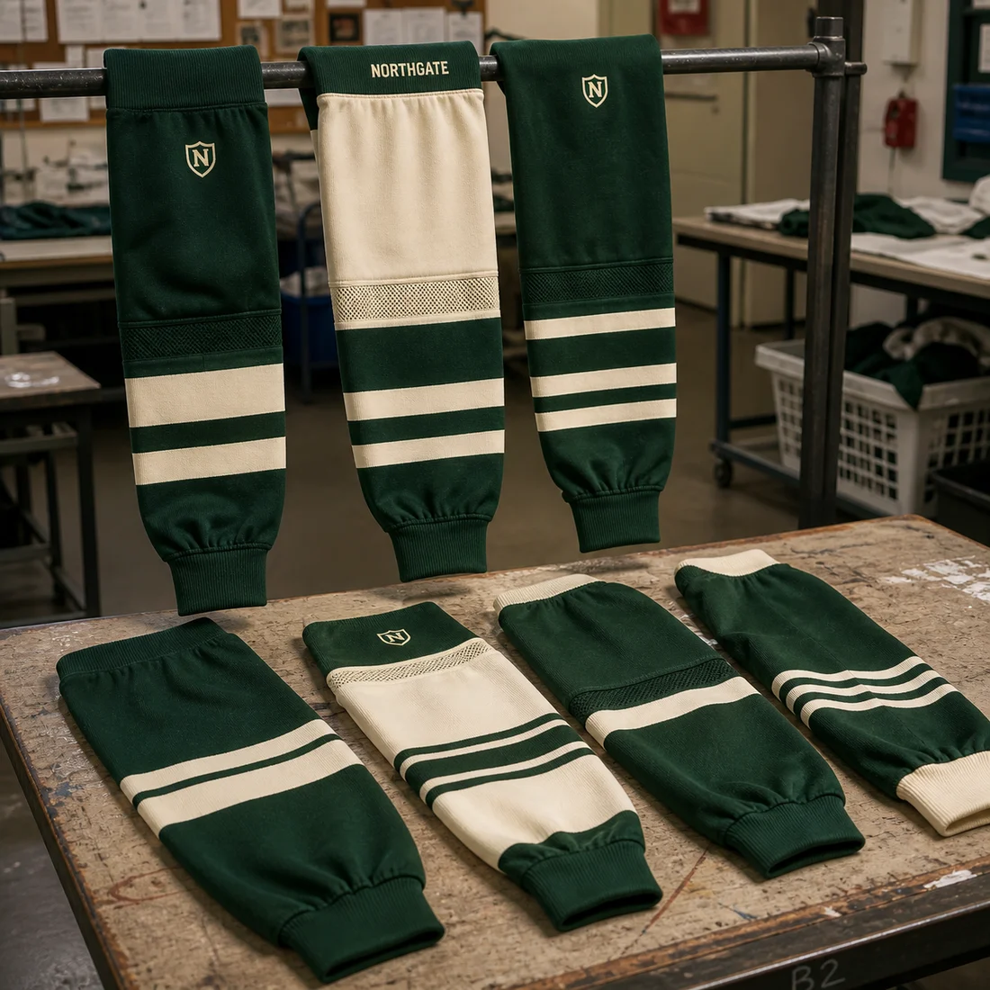 Multiple hockey sock styles and colorways displayed as a product range