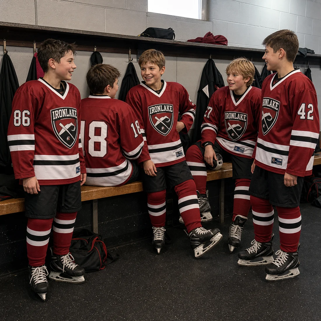 Youth club line-up in a locker room wearing the complete red team kit