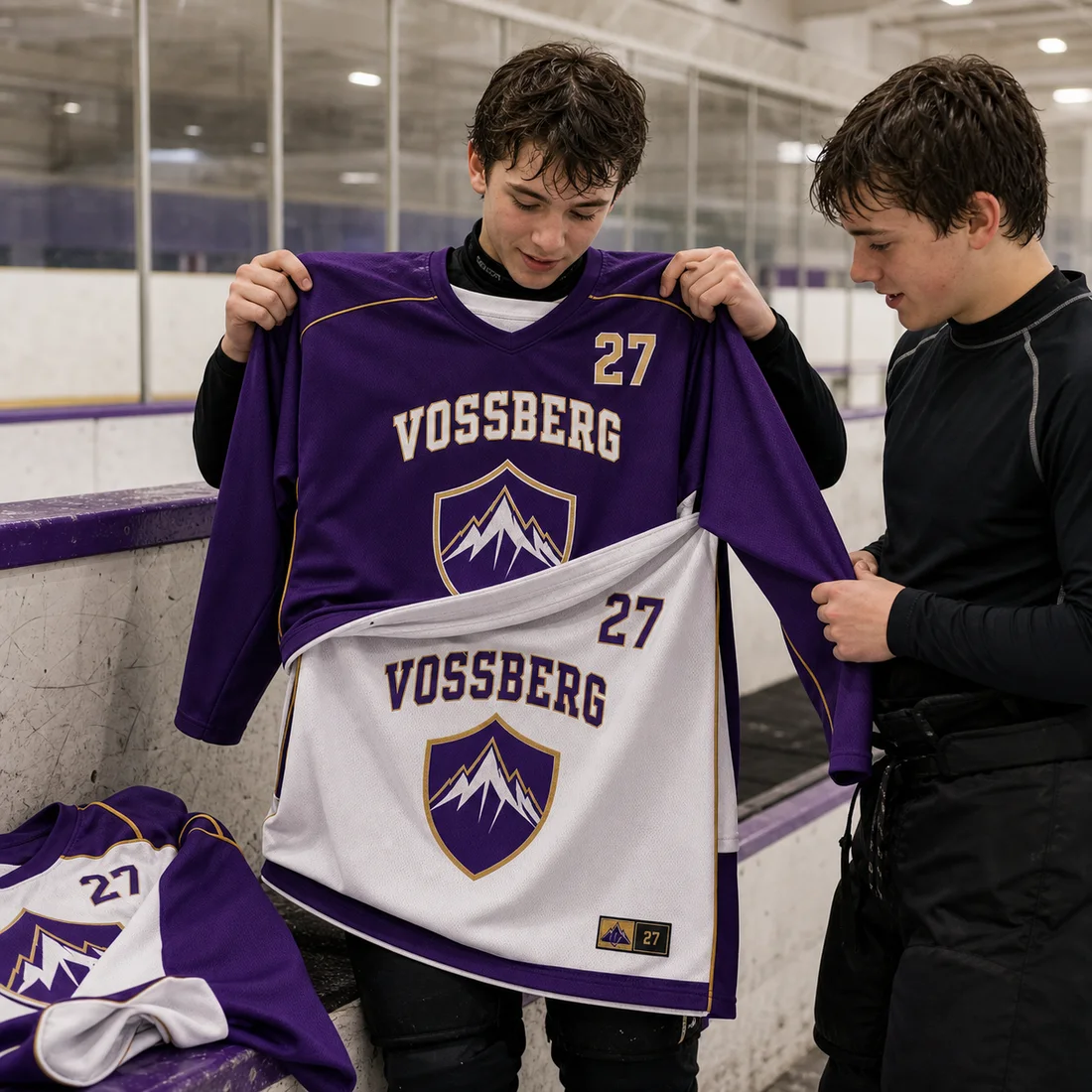 Two players on the ice showing both faces of a purple and white reversible training jersey