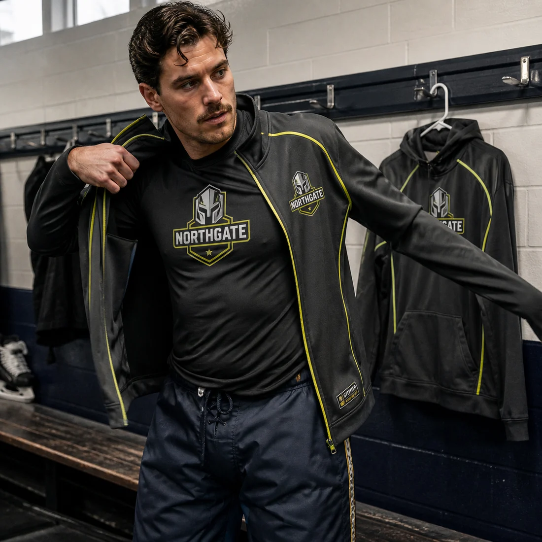 Player pulling on a charcoal warm-up jacket with neon yellow piping beside a locker-room bench