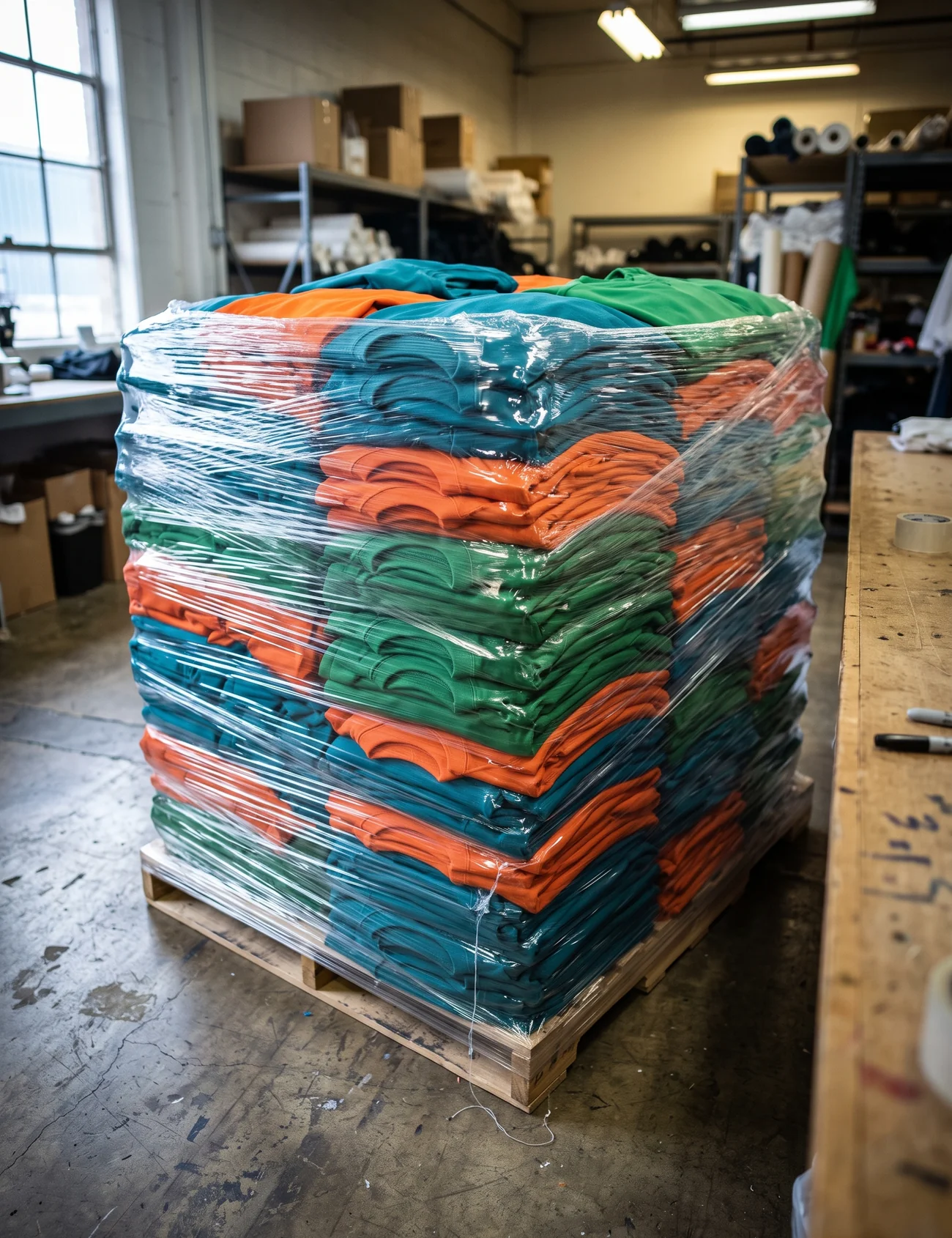 A pallet of folded jerseys in a mixed teal, orange, and kelly green colorway wrapped for one shipment