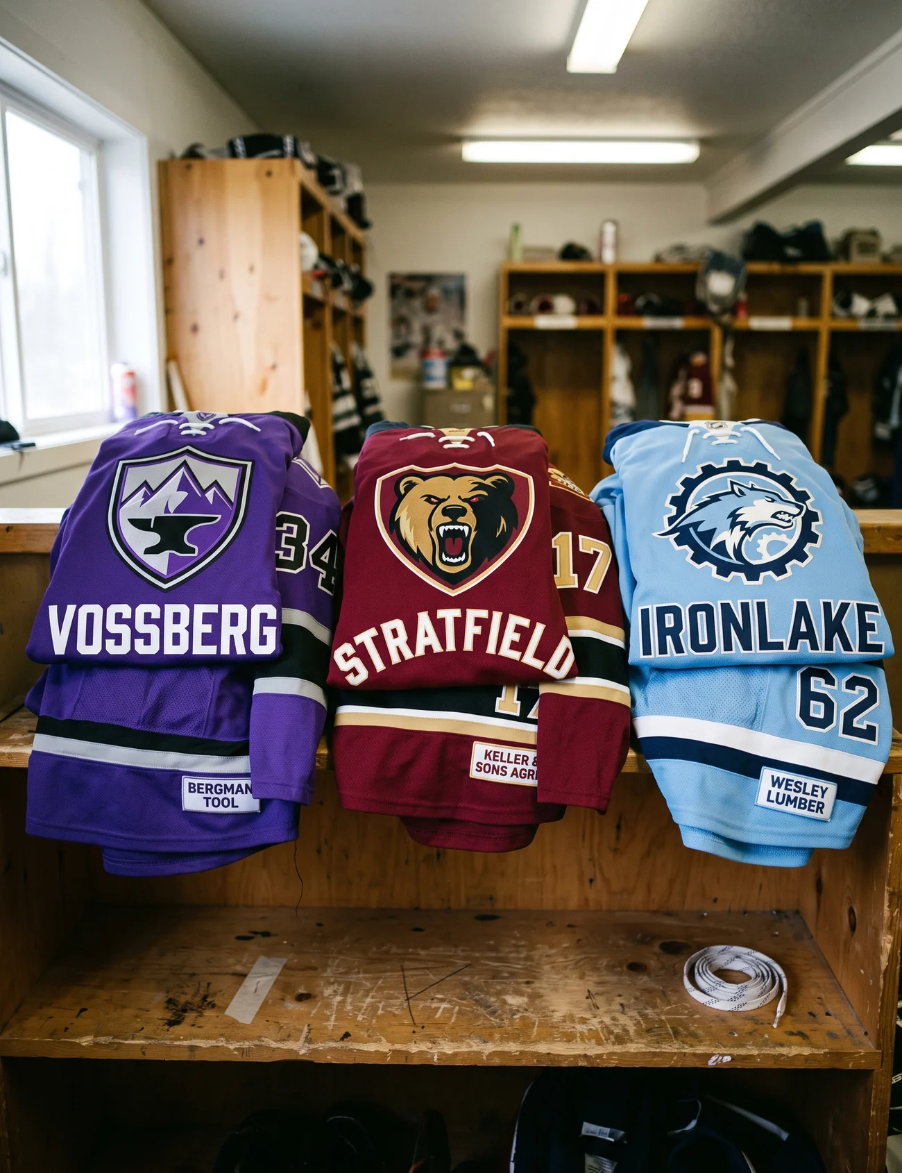 A shelf of folded kits sorted into three team bundles — purple, maroon, and powder blue — each with its own invented crest and team name