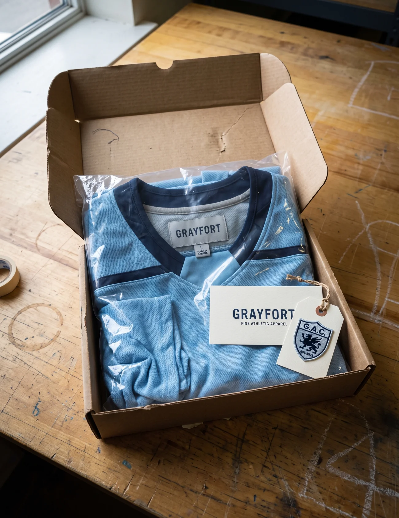 A GRAYFORT-branded label and hangtag set beside a powder blue and navy-trim poly-bagged garment in a shipping carton