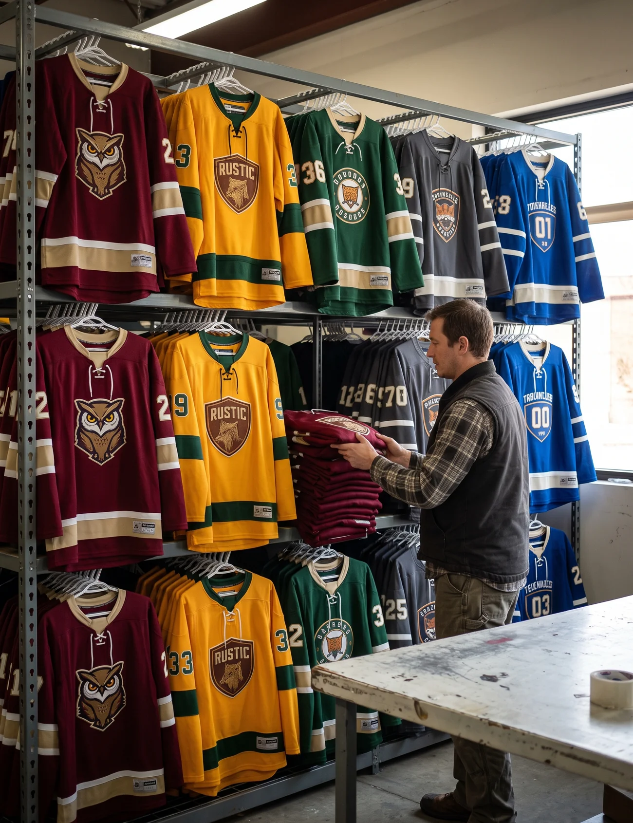 Warehouse worker refilling a color-sorted rack of blank hockey jerseys