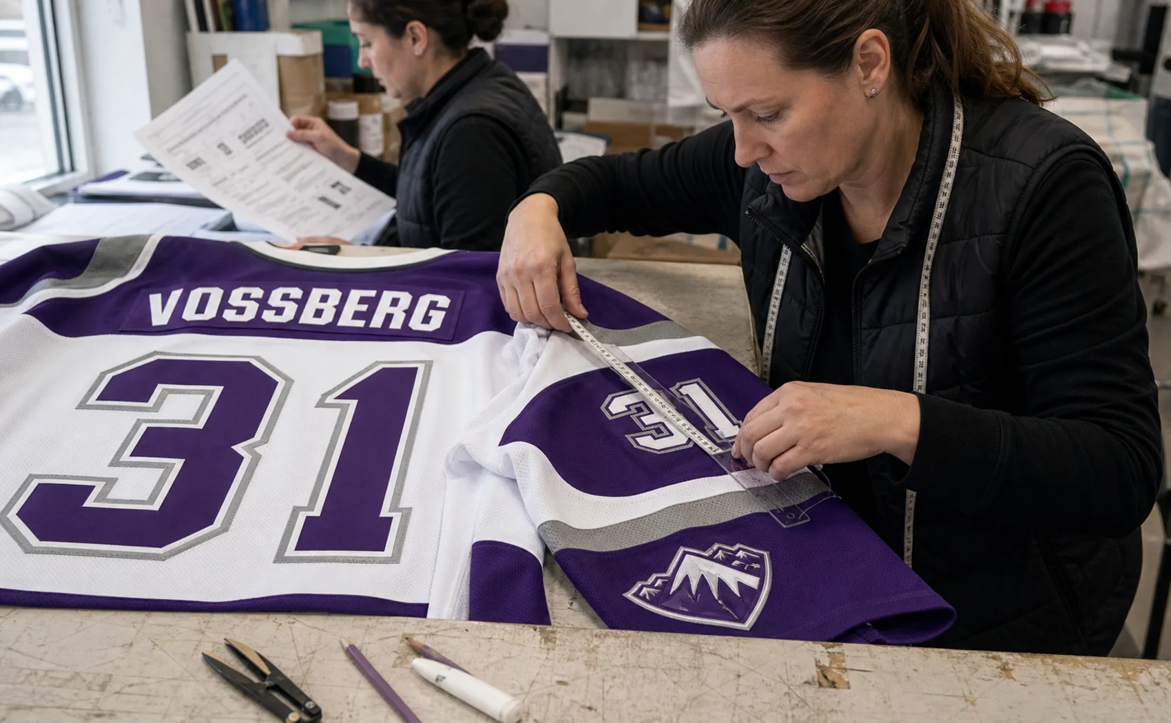 A purple and white garment with an invented club crest and number on a QC measuring table, spec sheet and tape visible