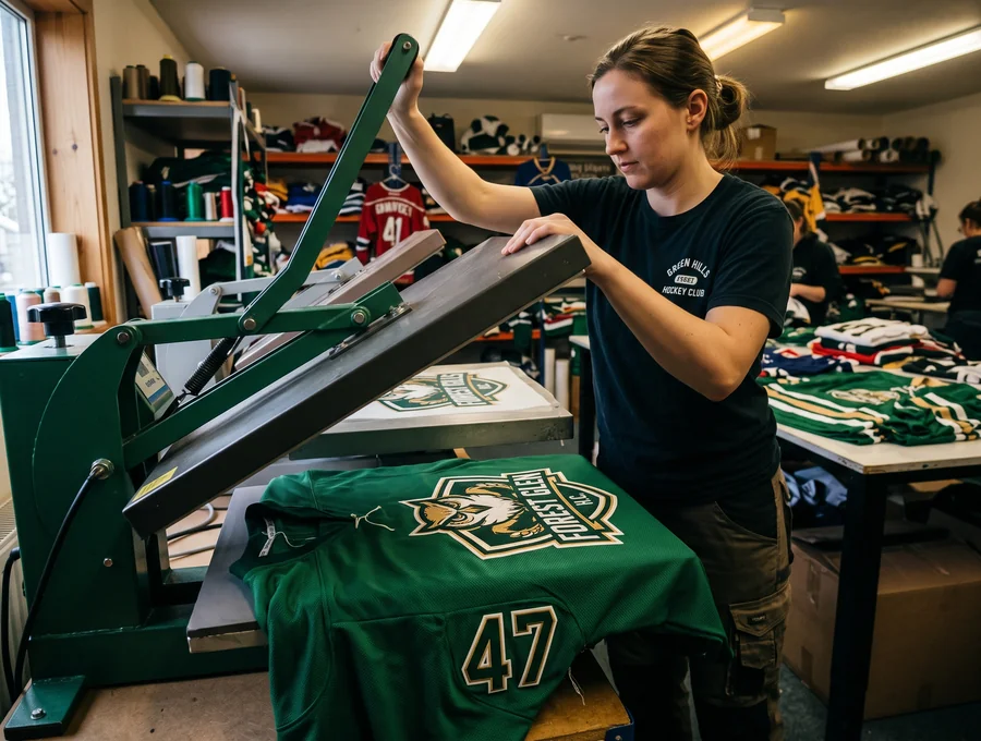 A kelly green blank jersey being pressed in house with a freshly transferred fictional design visible on the platen