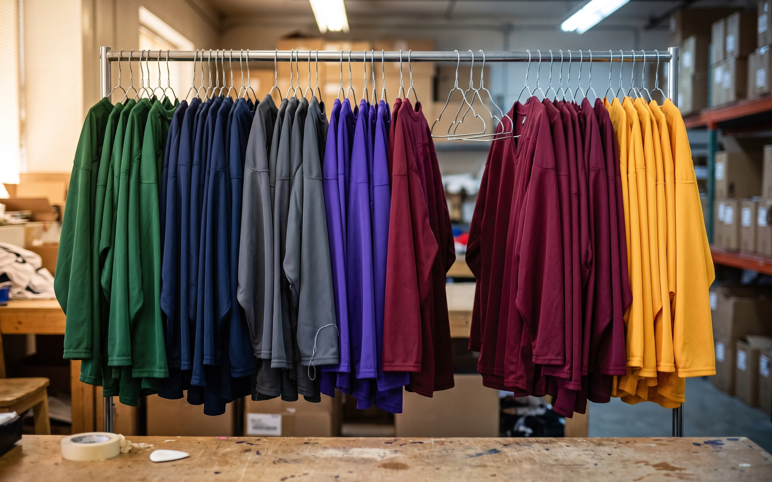 Blank hockey jerseys sorted into color columns on a stockroom rack, one column part-picked