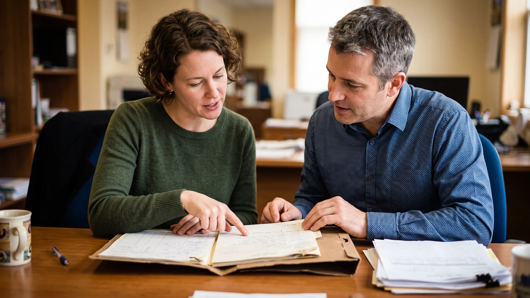 Two different staff members reviewing the same account folder together at a desk during a handoff, hands on shared paperwork.