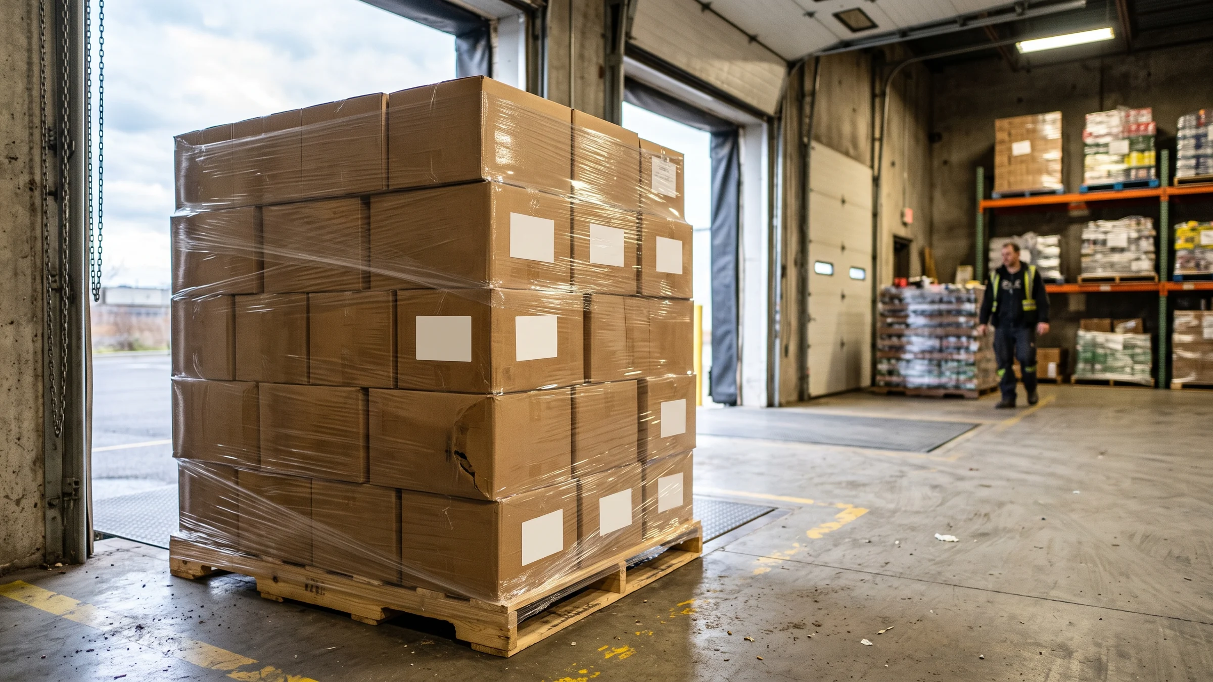 A shipping pallet of boxed hockey jerseys ready for export at a loading dock, generic non-identifying shipping labels.