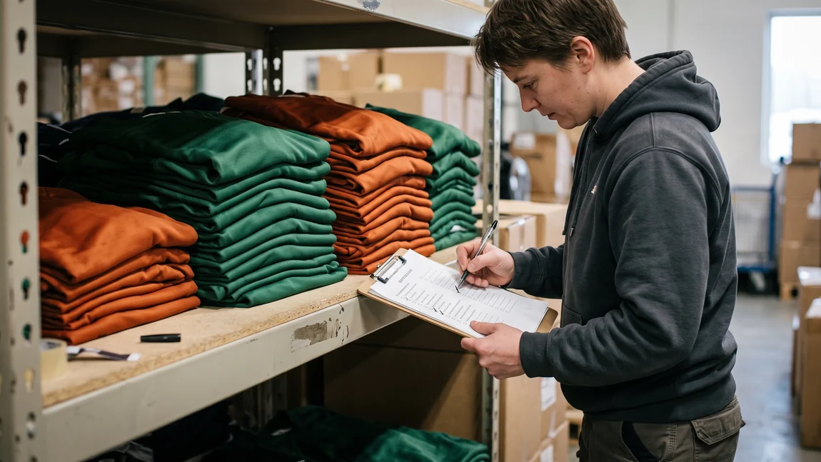 A warehouse staff member reviewing a printed color-list sheet against folded jerseys on open shelving, checking items off with a pen.