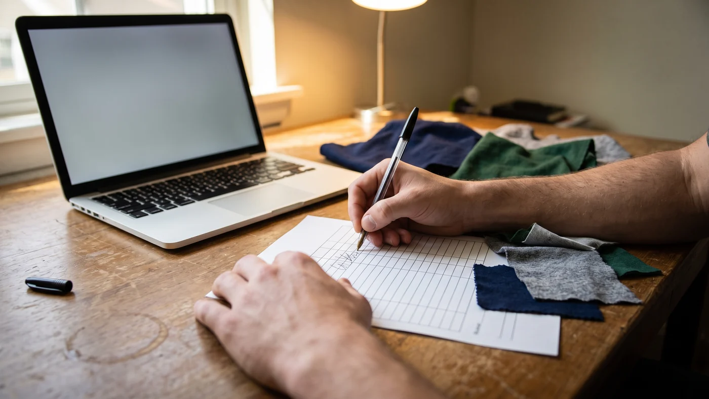 Hands filling a paper order sheet with color swatches nearby on a desk, laptop open beside it.