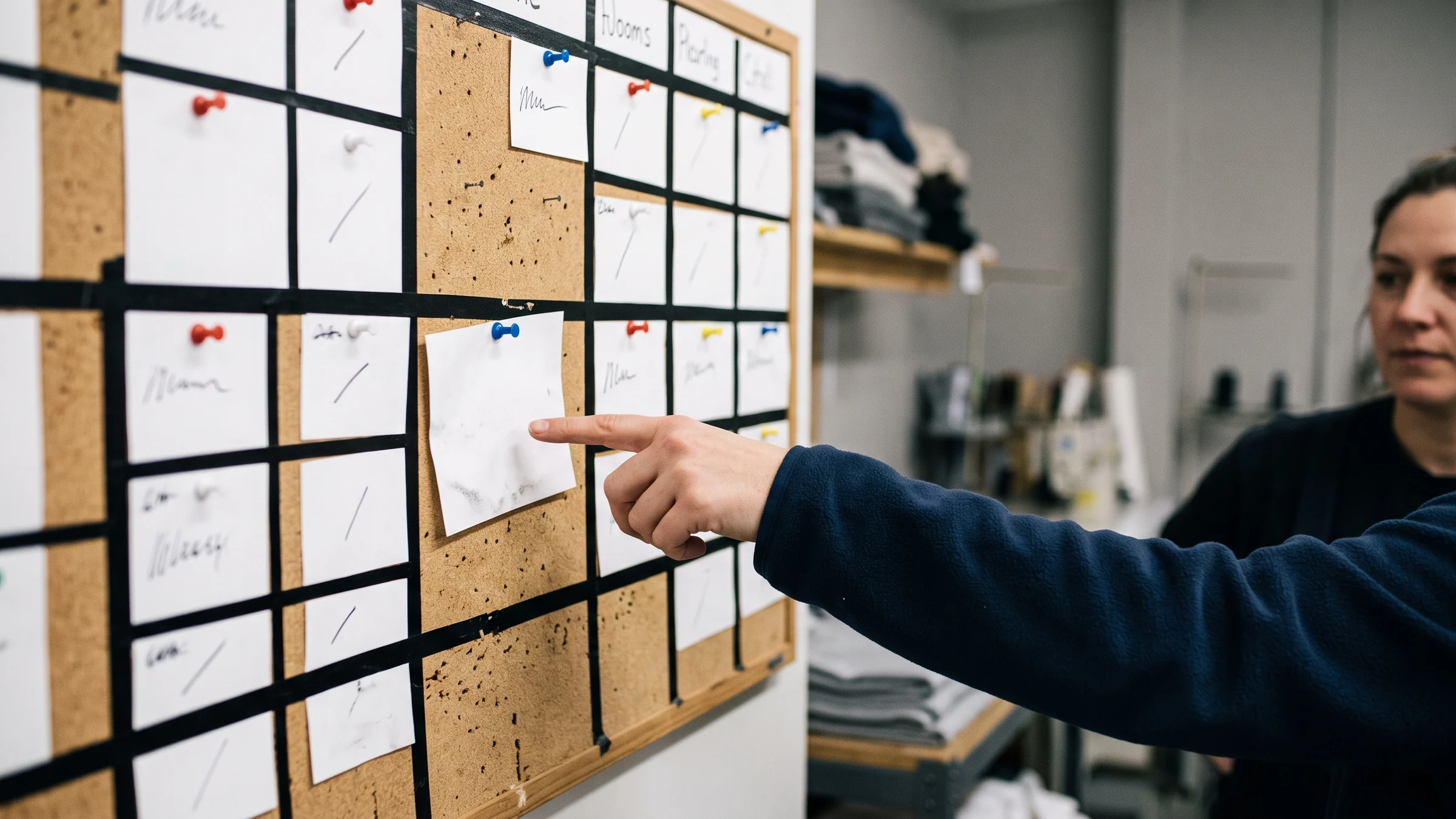 A wall-mounted production schedule board with monthly restock dates marked, a staff member's hand pointing to a marked date.